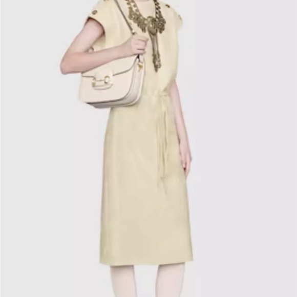 New Authentic Gucci GG Stripe Midi-Dress Ivory Gold Wool Silk Size 38 XS US 2 - Picture 2 of 13
